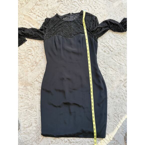 Oleg Cassini Black Tie Beaded Long Sleeve Cocktail Dress Black Size 4 Small - Picture 10 of 10